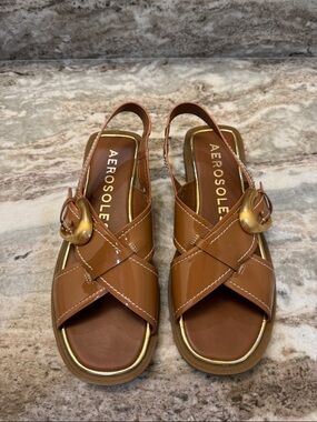 AEROSOLES Cognac Patent Leather Cross-Strap Slingback Sandals